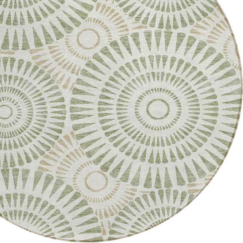 8' Artichoke Green Brown And Beige Round Geometric Washable Indoor Outdoor Area Rug Photo 5