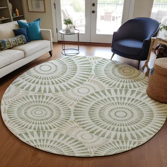 8' Artichoke Green Brown And Beige Round Geometric Washable Indoor Outdoor Area Rug Photo 8