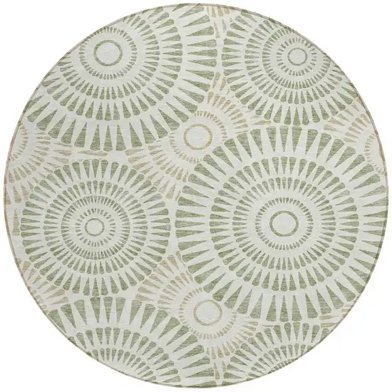 8' Artichoke Green Brown And Beige Round Geometric Washable Indoor Outdoor Area Rug Photo 6
