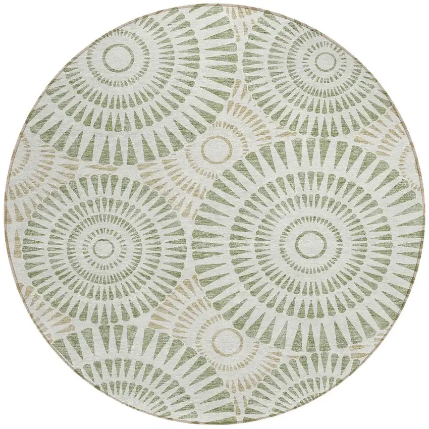 8' Artichoke Green Brown And Beige Round Geometric Washable Indoor Outdoor Area Rug Photo 6