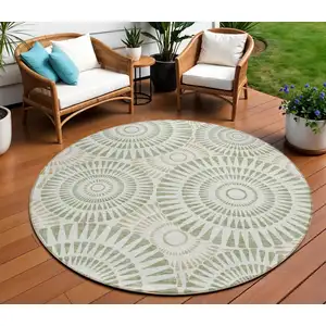 Photo of 8' Artichoke Green Brown And Beige Round Geometric Washable Indoor Outdoor Area Rug