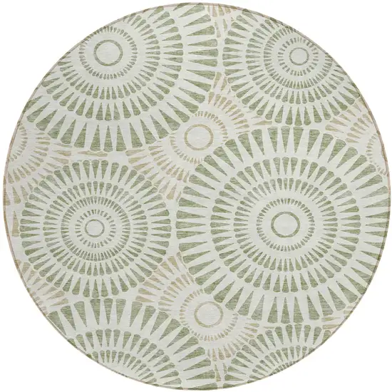 8' Artichoke Green Brown And Beige Round Geometric Washable Indoor Outdoor Area Rug Photo 2