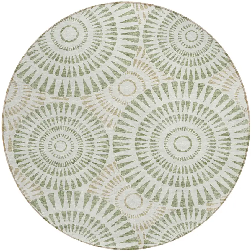 8' Artichoke Green Brown And Beige Round Geometric Washable Indoor Outdoor Area Rug Photo 2