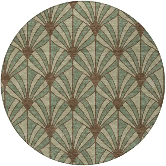 8' Artichoke Green Brown And Beige Round Seashell Washable Indoor Outdoor Area Rug Photo 3