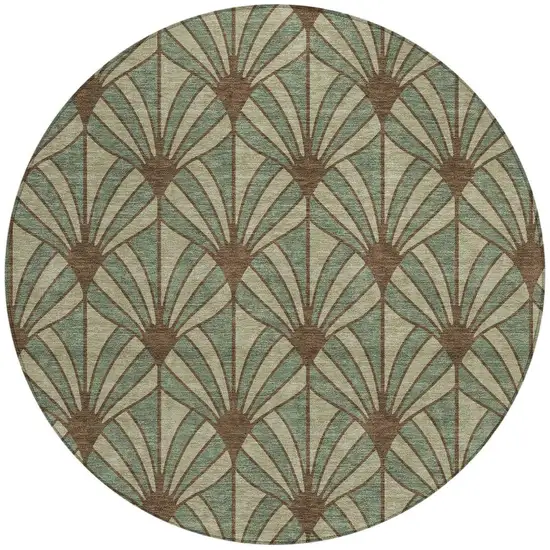8' Artichoke Green Brown And Beige Round Seashell Washable Indoor Outdoor Area Rug Photo 2