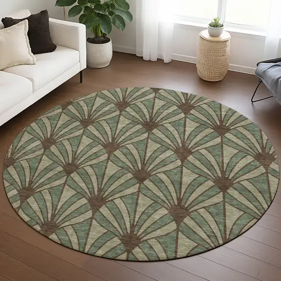 8' Artichoke Green Brown And Beige Round Seashell Washable Indoor Outdoor Area Rug Photo 5