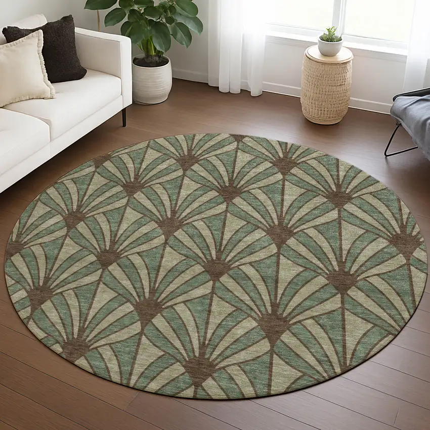 8' Artichoke Green Brown And Beige Round Seashell Washable Indoor Outdoor Area Rug Photo 5