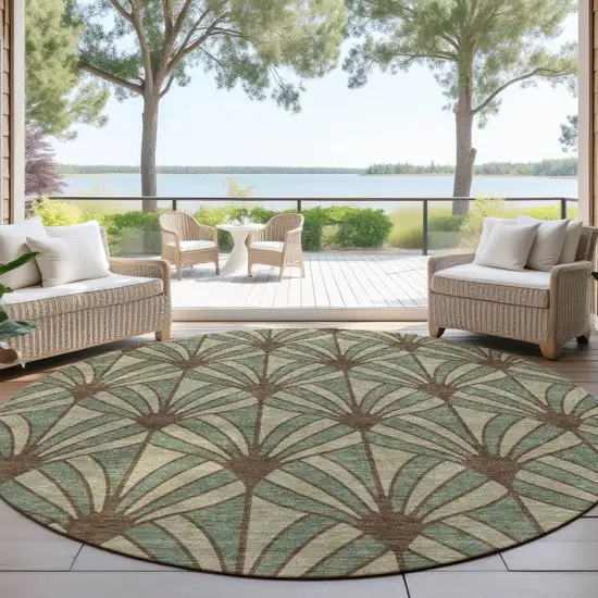 8' Artichoke Green Brown And Beige Round Seashell Washable Indoor Outdoor Area Rug Photo 4