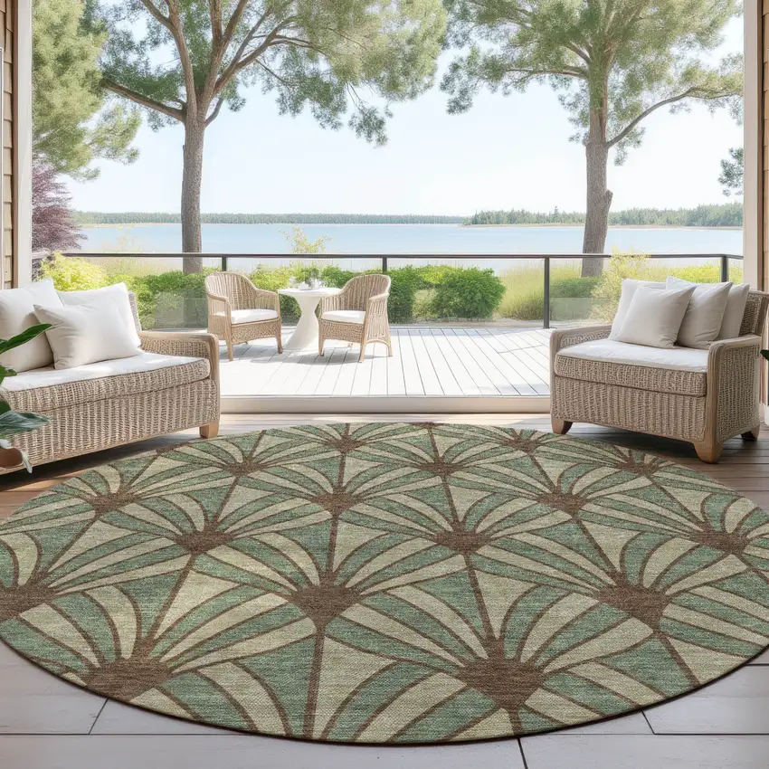 8' Artichoke Green Brown And Beige Round Seashell Washable Indoor Outdoor Area Rug Photo 4