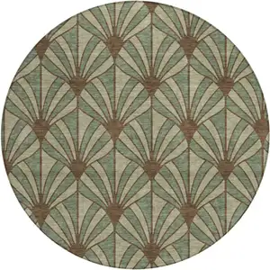 Photo of 8' Artichoke Green Brown And Beige Round Seashell Washable Indoor Outdoor Area Rug