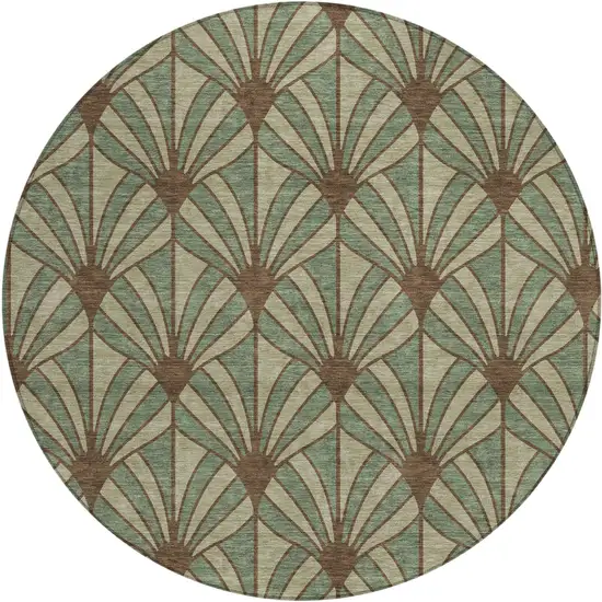 8' Artichoke Green Brown And Beige Round Seashell Washable Indoor Outdoor Area Rug Photo 1