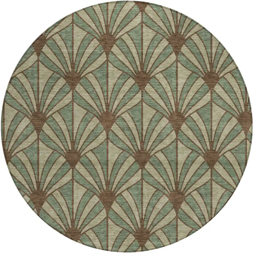 8' Artichoke Green Brown And Beige Round Seashell Washable Indoor Outdoor Area Rug Photo 1