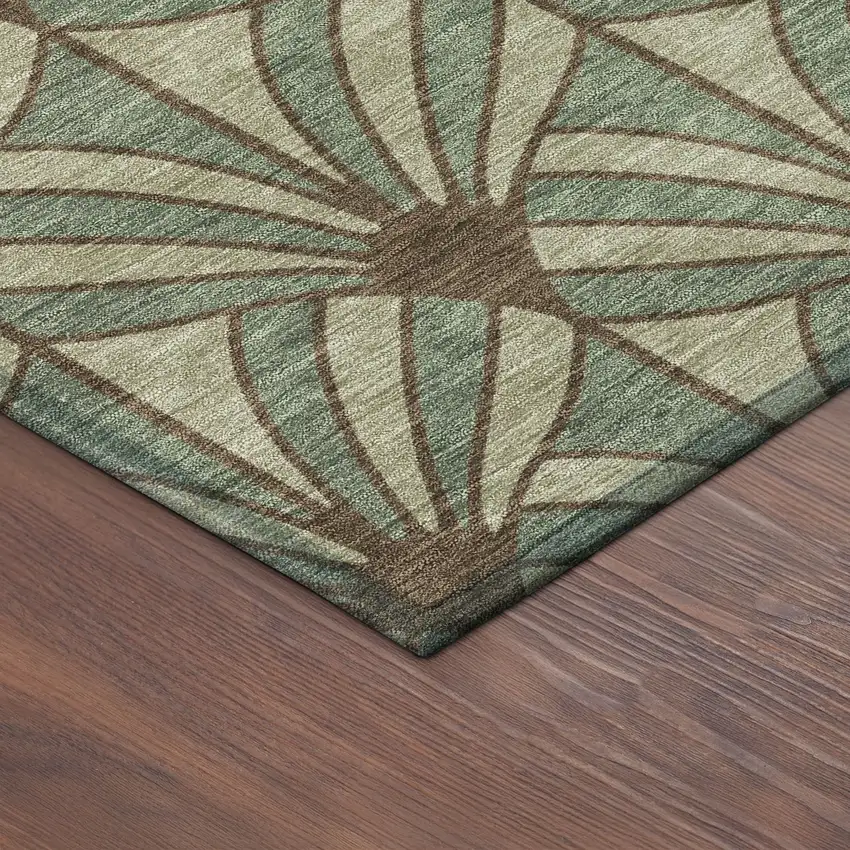 8' Artichoke Green Brown And Beige Round Seashell Washable Indoor Outdoor Area Rug Photo 8