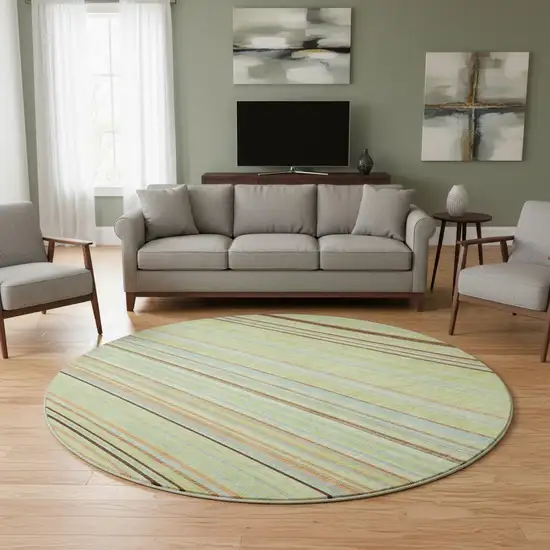8' Artichoke Green Brown And Beige Striped Washable Round Rug With UV Protection Photo 2