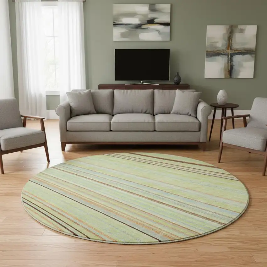 8' Artichoke Green Brown And Beige Striped Washable Round Rug With UV Protection Photo 2