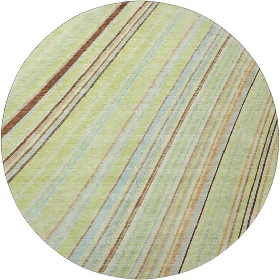 8' Artichoke Green Brown And Beige Striped Washable Round Rug With UV Protection Photo 3