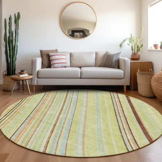 8' Artichoke Green Brown And Beige Striped Washable Round Rug With UV Protection Photo 4