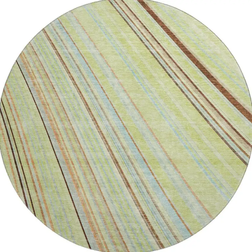 8' Artichoke Green Brown And Beige Striped Washable Round Rug With UV Protection Photo 3