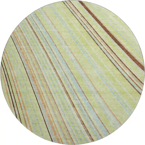 8' Artichoke Green Brown And Beige Striped Washable Round Rug With UV Protection Photo 1
