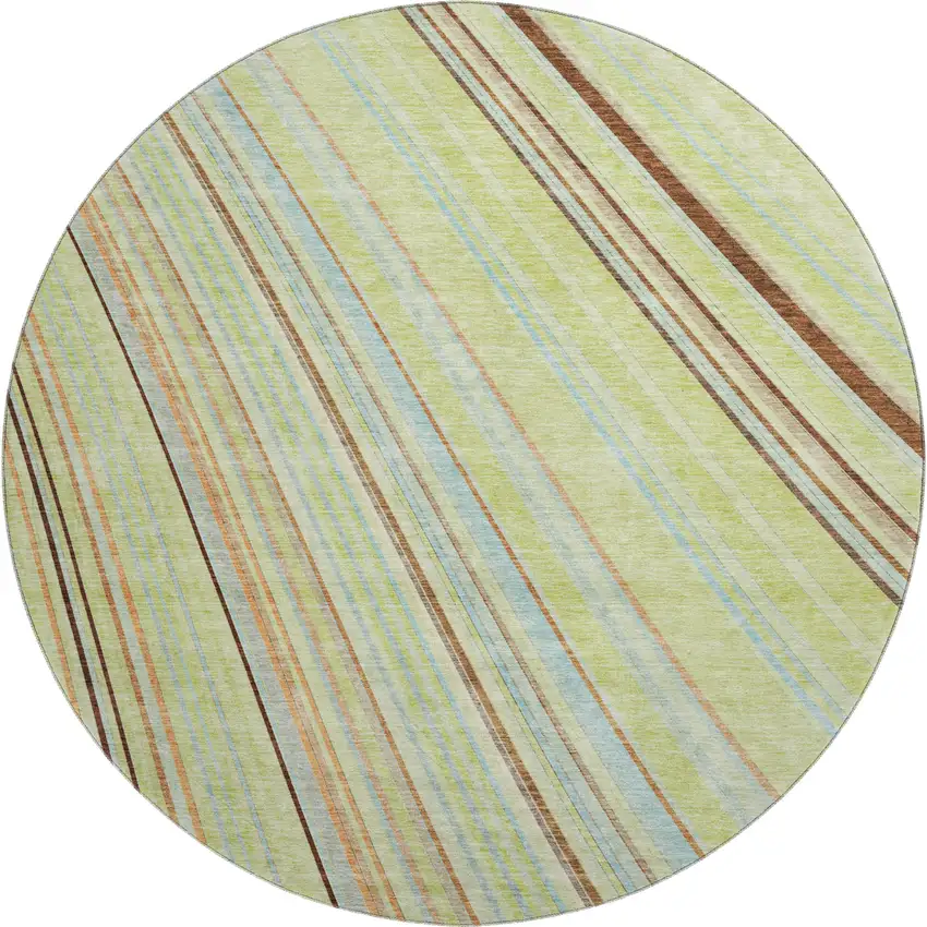 8' Artichoke Green Brown And Beige Striped Washable Round Rug With UV Protection Photo 1