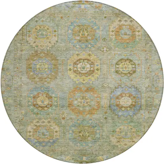 8' Artichoke Green Brown And Copper Round Medallion Washable Indoor Outdoor Area Rug Photo 2