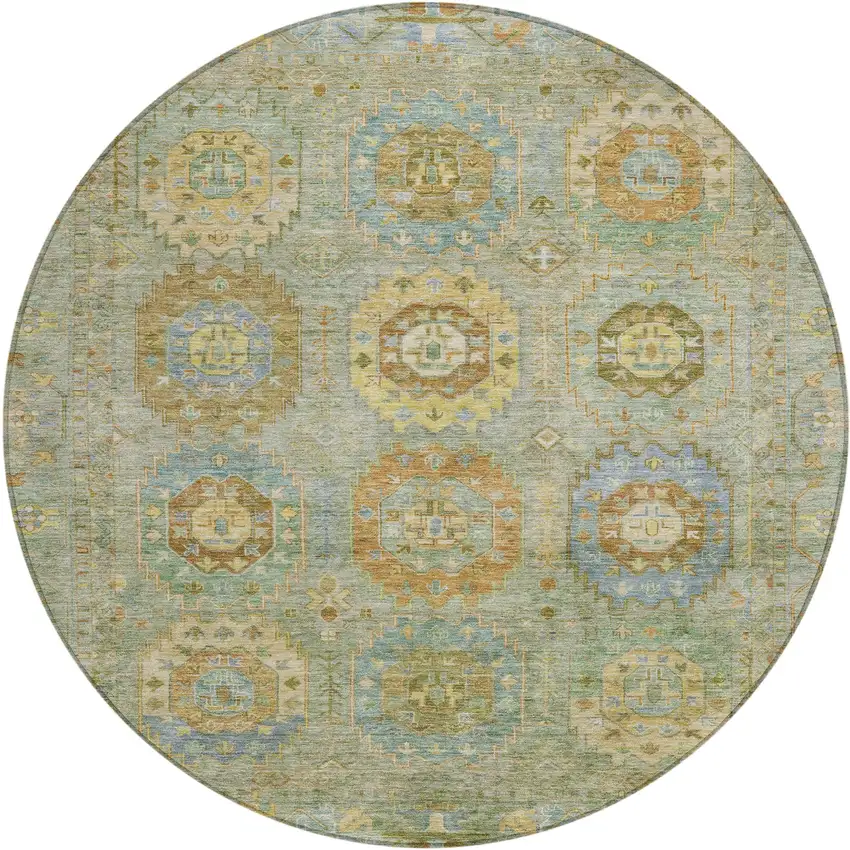 8' Artichoke Green Brown And Copper Round Medallion Washable Indoor Outdoor Area Rug Photo 2