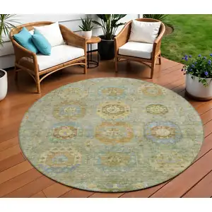 Photo of 8' Artichoke Green Brown And Copper Round Medallion Washable Indoor Outdoor Area Rug