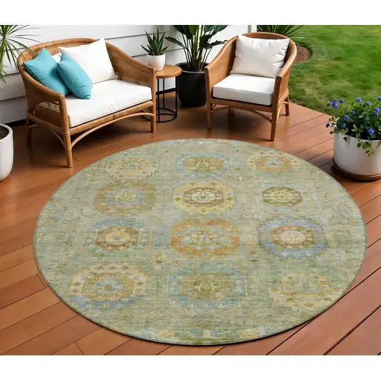 8' Artichoke Green Brown And Copper Round Medallion Washable Indoor Outdoor Area Rug Photo 1