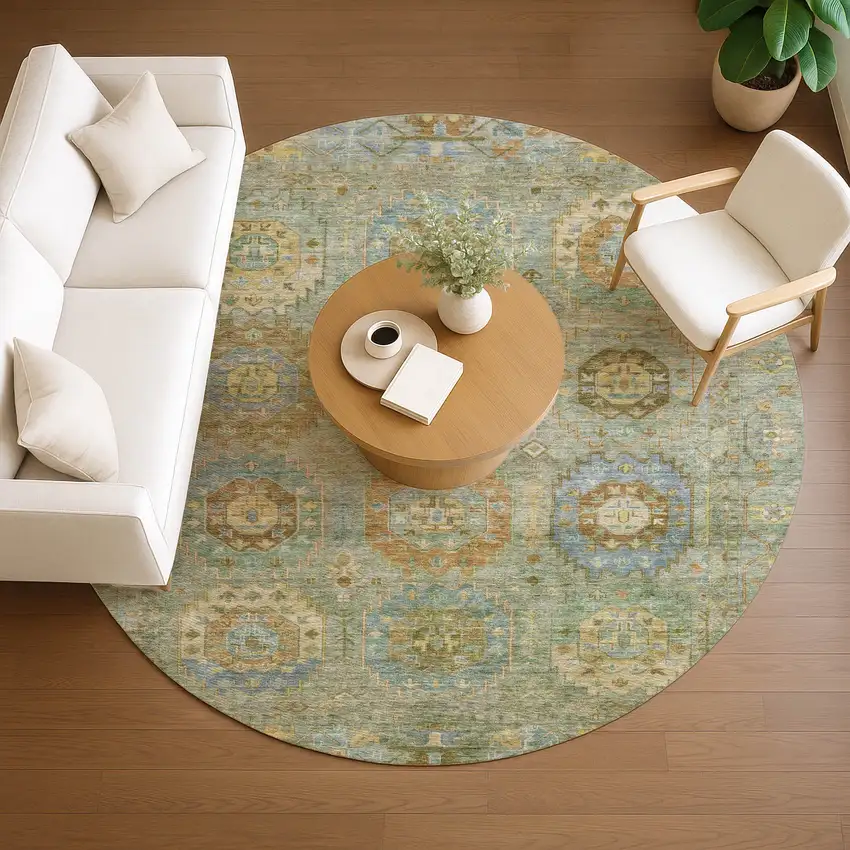8' Artichoke Green Brown And Copper Round Medallion Washable Indoor Outdoor Area Rug Photo 8
