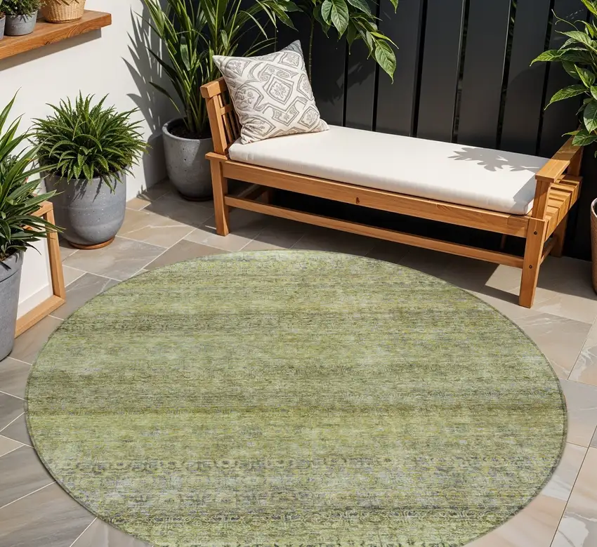 8' Artichoke Green Brown And Gray Round Striped Washable Indoor Outdoor Area Rug Photo 1