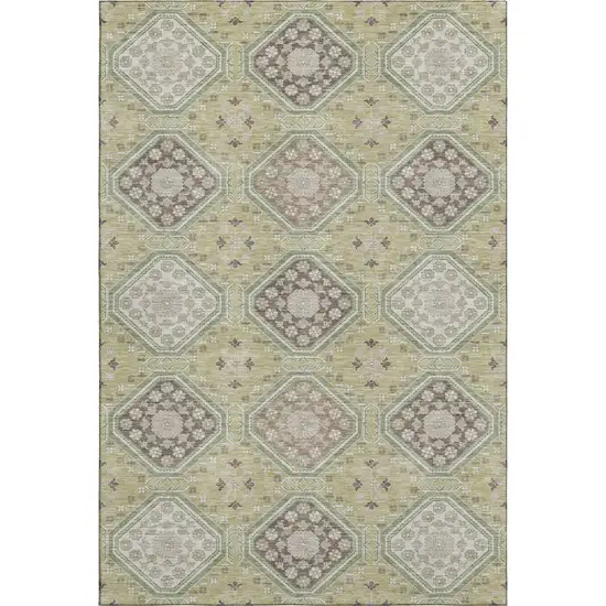 8' Artichoke Green Brown And Ivory Floral Washable Area Rug With UV Protection Photo 1
