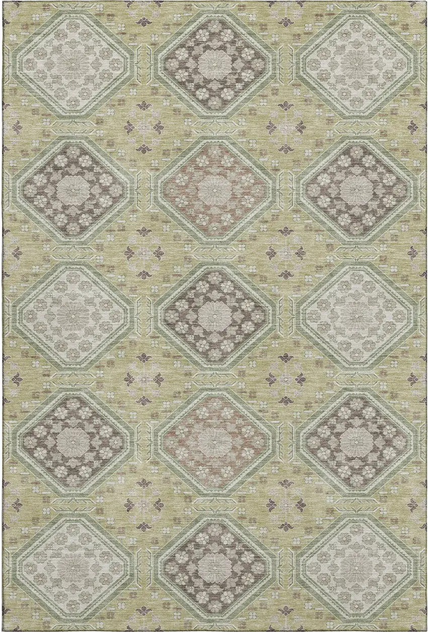 8' Artichoke Green Brown And Ivory Floral Washable Area Rug With UV Protection Photo 1