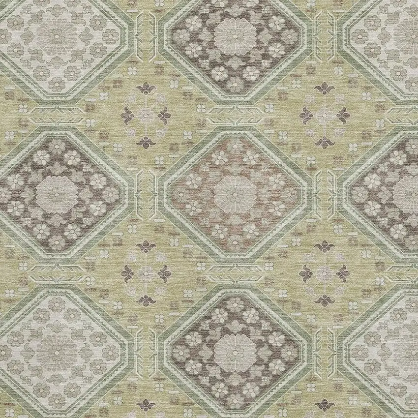 8' Artichoke Green Brown And Ivory Floral Washable Area Rug With UV Protection Photo 2