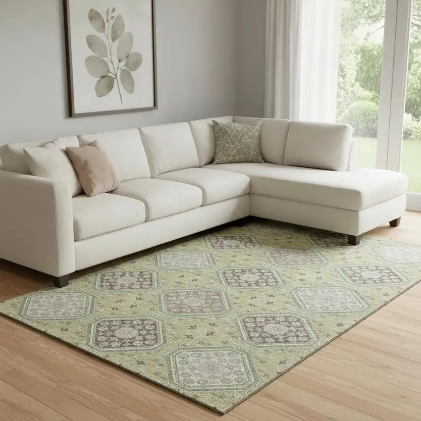 8' Artichoke Green Brown And Ivory Floral Washable Area Rug With UV Protection Photo 2