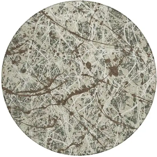8' Artichoke Green Brown And Ivory Round Abstract Washable Indoor Outdoor Area Rug Photo 3