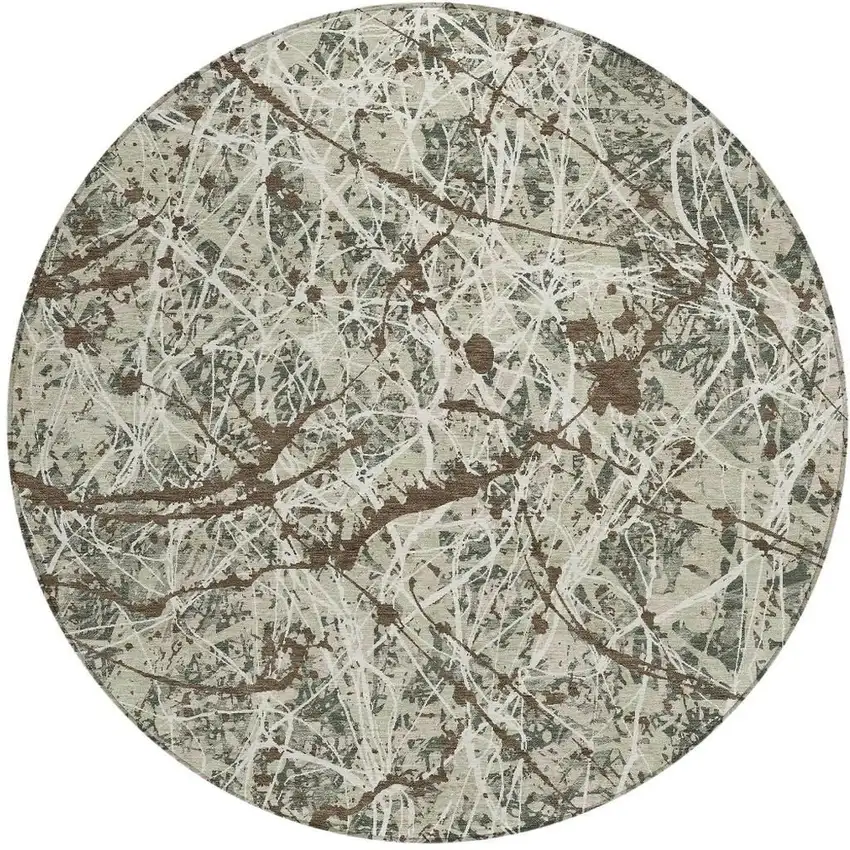 8' Artichoke Green Brown And Ivory Round Abstract Washable Indoor Outdoor Area Rug Photo 3