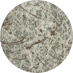 Photo of 8' Artichoke Green Brown And Ivory Round Abstract Washable Indoor Outdoor Area Rug