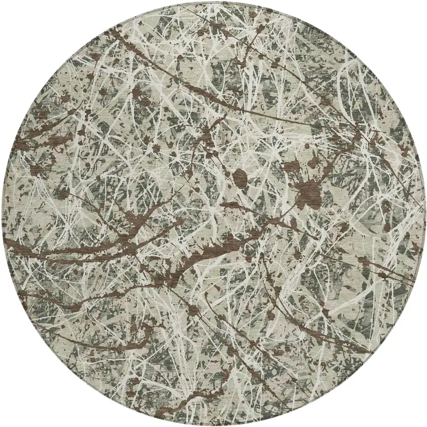 8' Artichoke Green Brown And Ivory Round Abstract Washable Indoor Outdoor Area Rug Photo 1