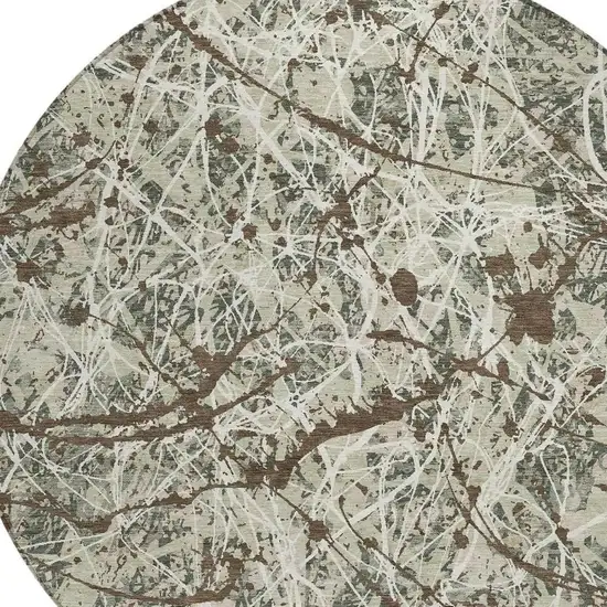 8' Artichoke Green Brown And Ivory Round Abstract Washable Indoor Outdoor Area Rug Photo 2