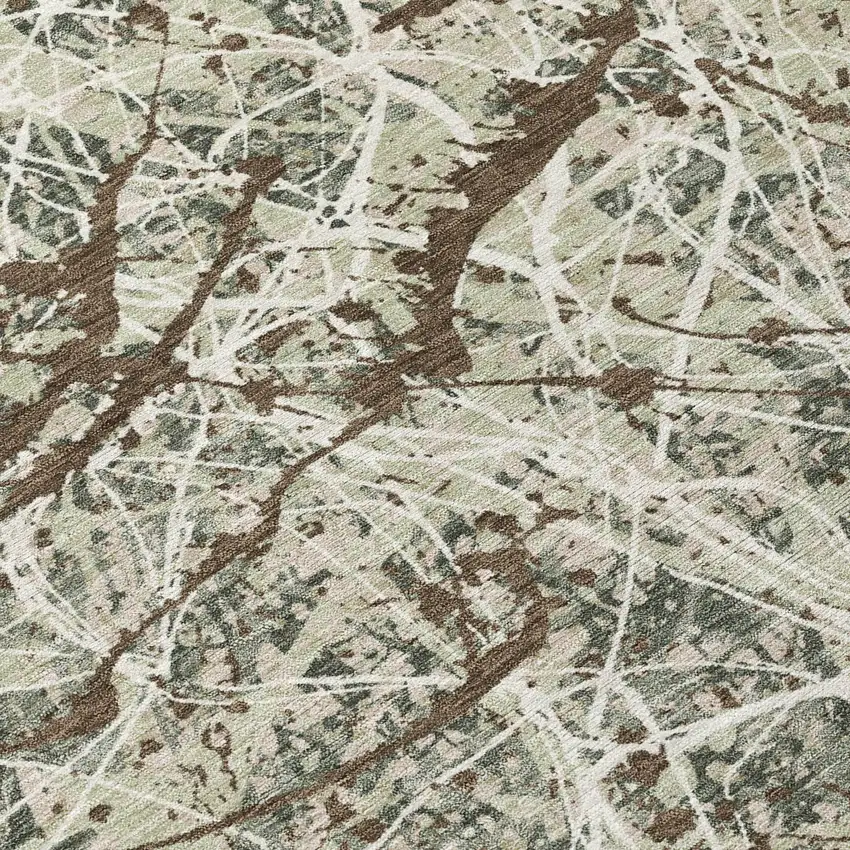 8' Artichoke Green Brown And Ivory Round Abstract Washable Indoor Outdoor Area Rug Photo 9