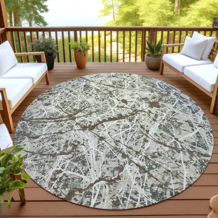 8' Artichoke Green Brown And Ivory Round Abstract Washable Indoor Outdoor Area Rug Photo 4