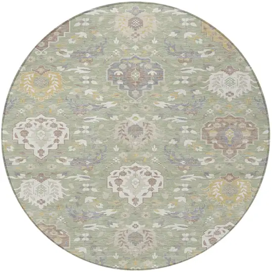 8' Artichoke Green Brown And Ivory Round Damask Washable Indoor Outdoor Area Rug Photo 5