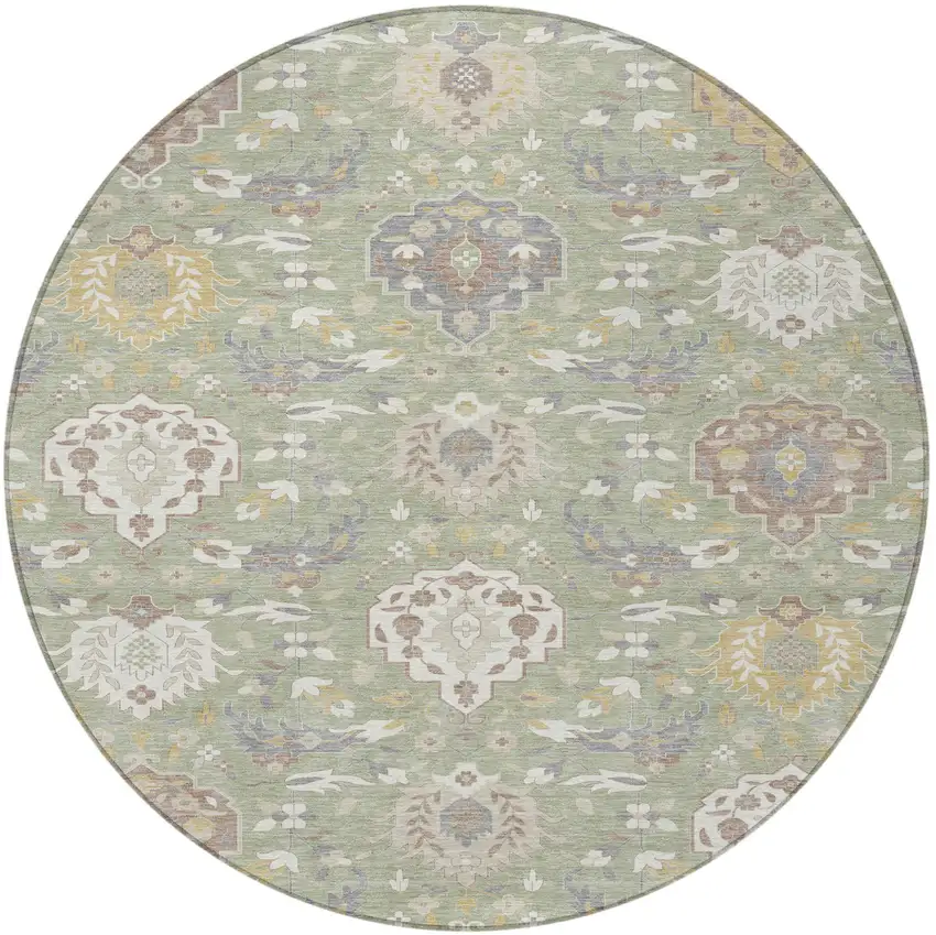 8' Artichoke Green Brown And Ivory Round Damask Washable Indoor Outdoor Area Rug Photo 5