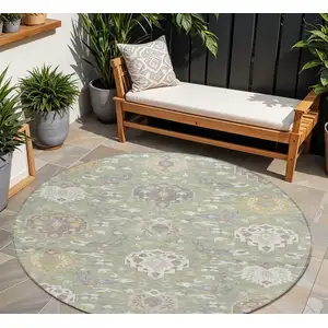 Photo of 8' Artichoke Green Brown And Ivory Round Damask Washable Indoor Outdoor Area Rug