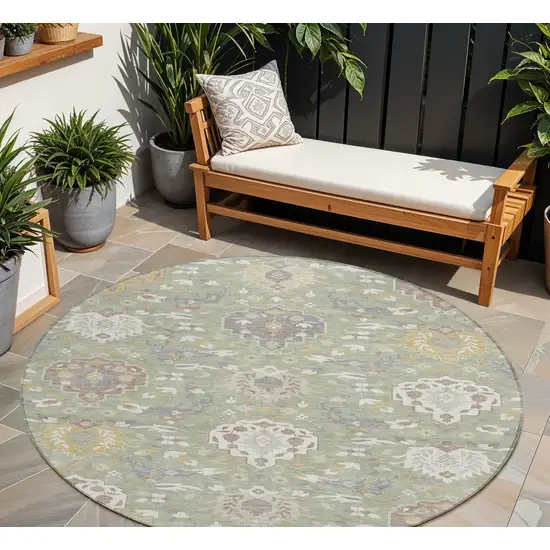 8' Artichoke Green Brown And Ivory Round Damask Washable Indoor Outdoor Area Rug Photo 1