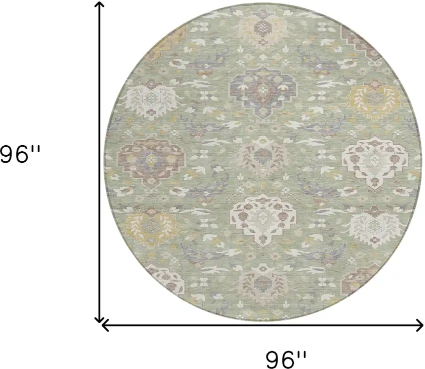 8' Artichoke Green Brown And Ivory Round Damask Washable Indoor Outdoor Area Rug Photo 3