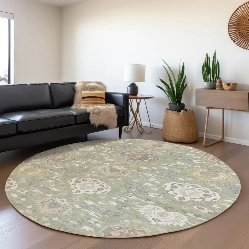 8' Artichoke Green Brown And Ivory Round Damask Washable Indoor Outdoor Area Rug Photo 7