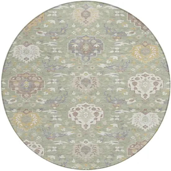 8' Artichoke Green Brown And Ivory Round Damask Washable Indoor Outdoor Area Rug Photo 2