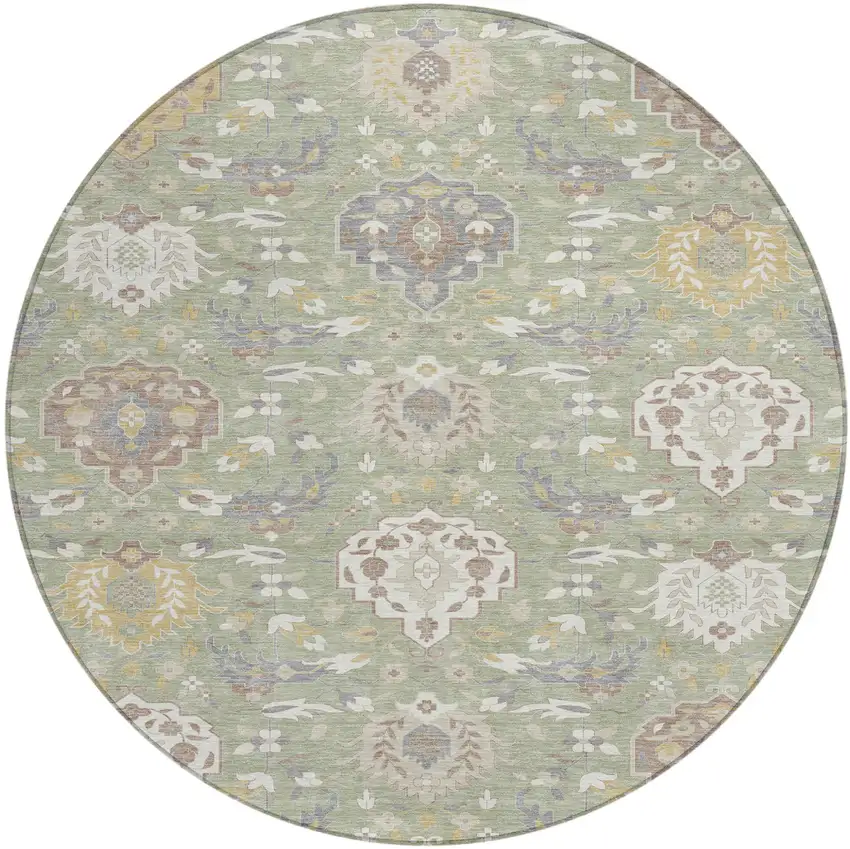 8' Artichoke Green Brown And Ivory Round Damask Washable Indoor Outdoor Area Rug Photo 2