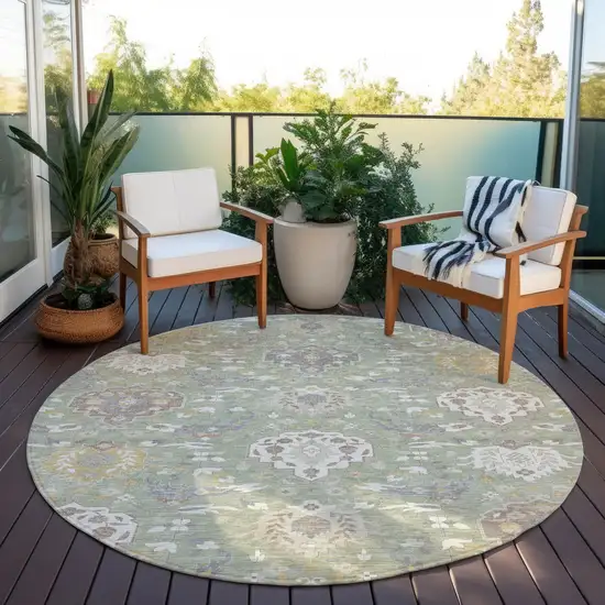 8' Artichoke Green Brown And Ivory Round Damask Washable Indoor Outdoor Area Rug Photo 6